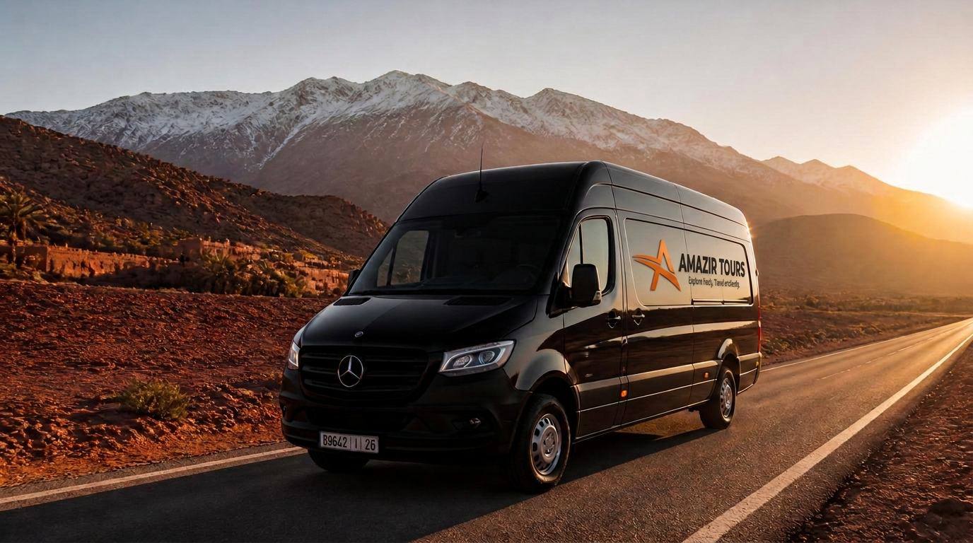 AMAZIR-branded black Mercedes Sprinter van on a road below the Atlas Mountains