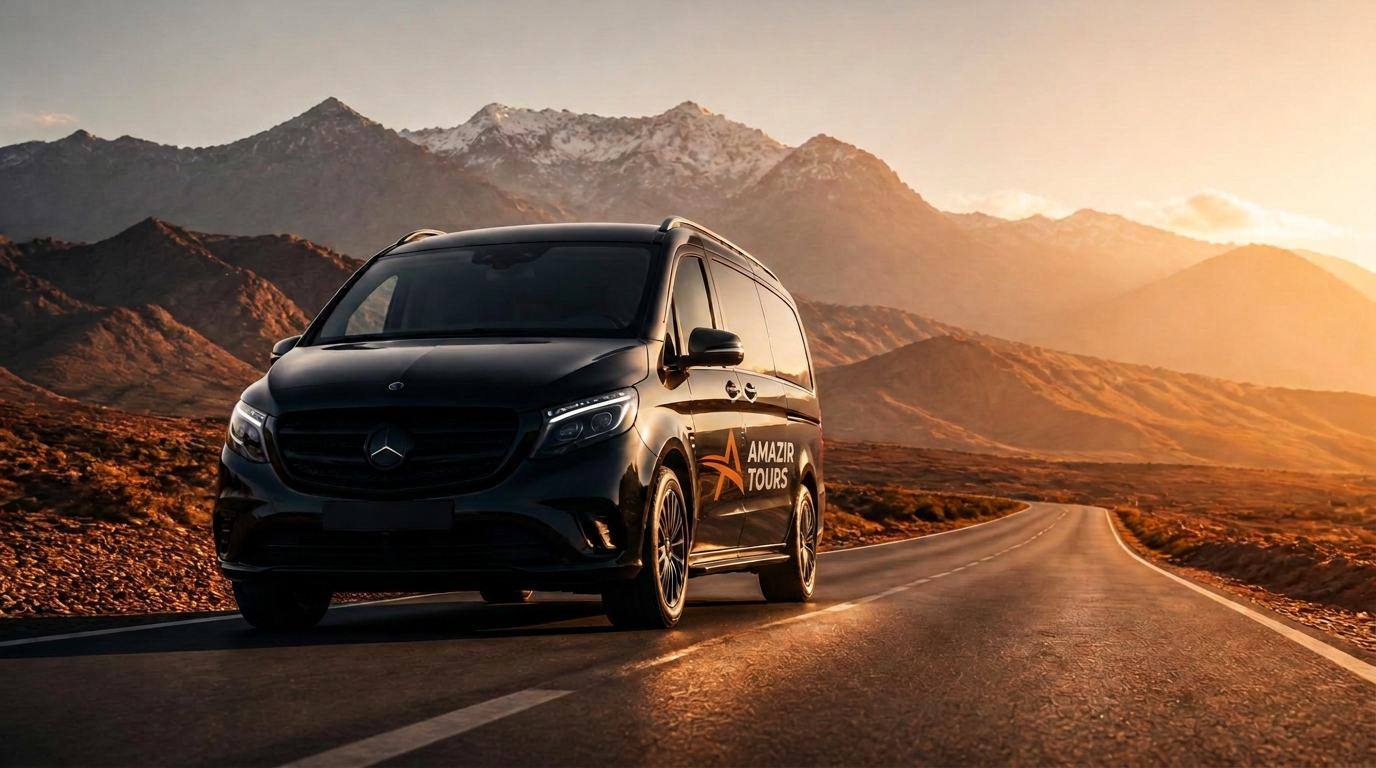 AMAZIR-branded black Mercedes Vito on a Moroccan mountain road at golden hour